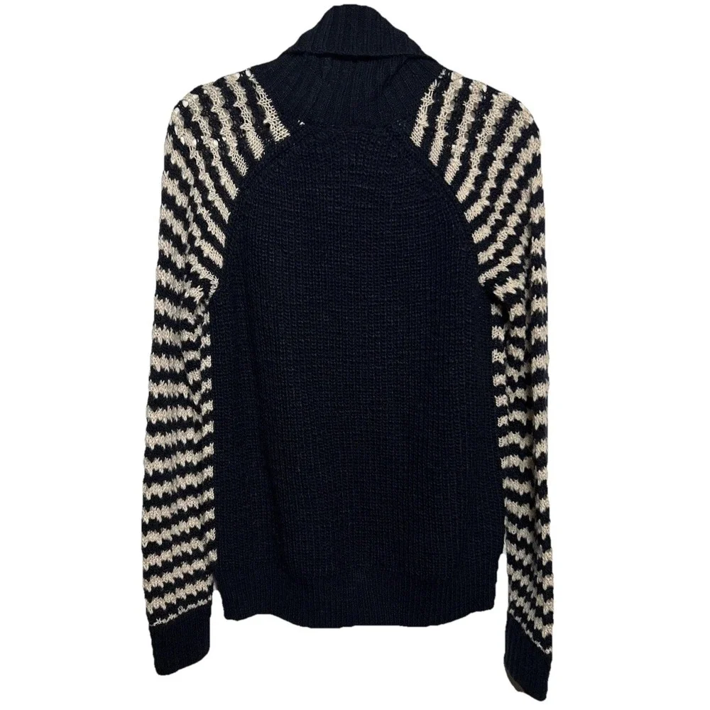 Tory Burch Wool Blend Turtleneck Sweater Navy Cream Stripe Gold TB Logo Sz Large